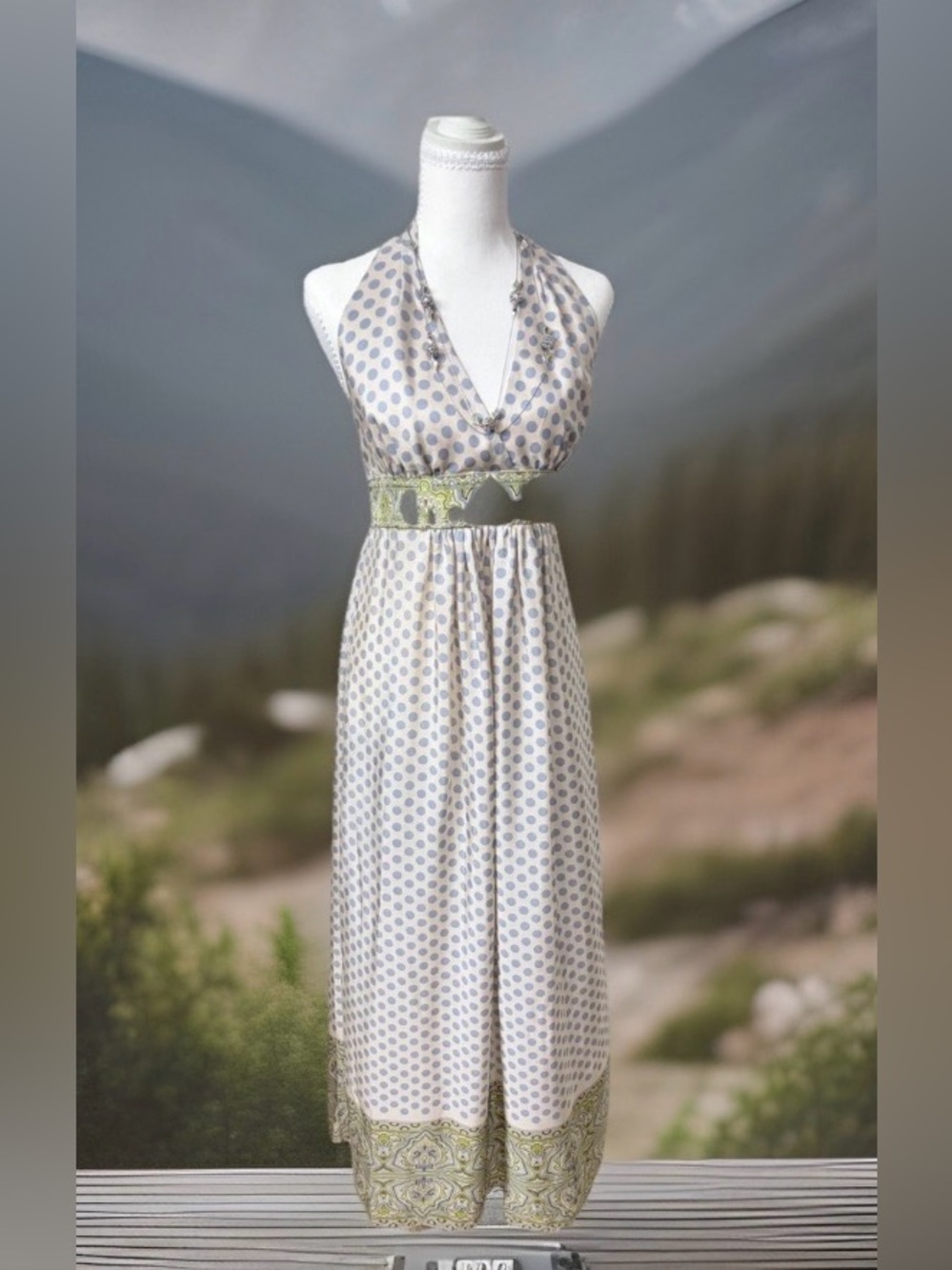 BCBGMaxazria 100% Silk Halter Polka Dot Maxi Dress in Light Green and Cream - M